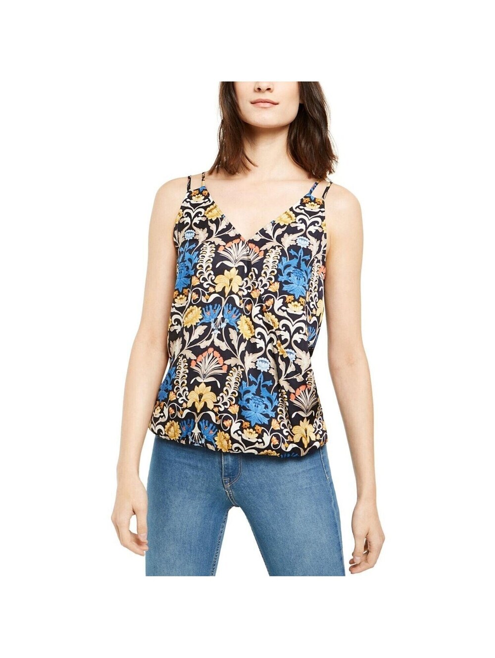 NEW INC Fleur Nouveau Black/Blue Surplice Tank Top PM
